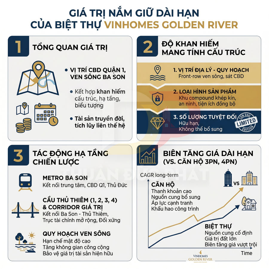 Infographic phân tích giá trị nắm giữ dài hạn của biệt thự Vinhomes Golden River tại Ba Son, quận 1
