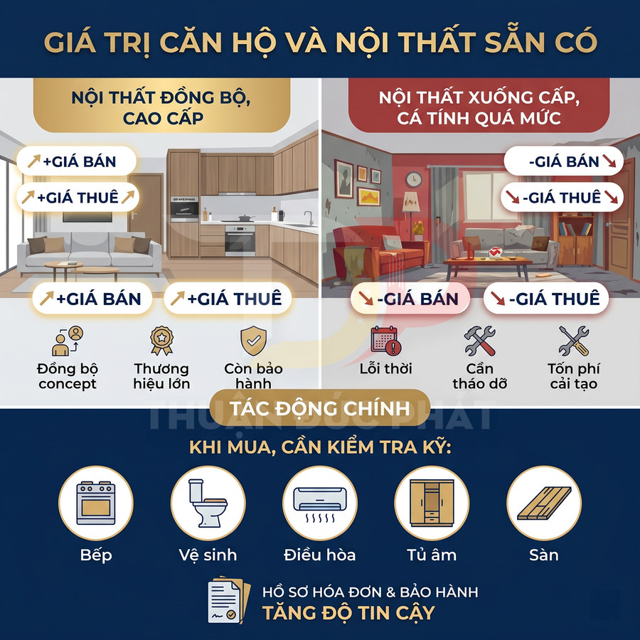 So sánh giá trị căn hộ với nội thất đồng bộ cao cấp và nội thất xuống cấp, liệt kê hạng mục cần kiểm tra khi mua