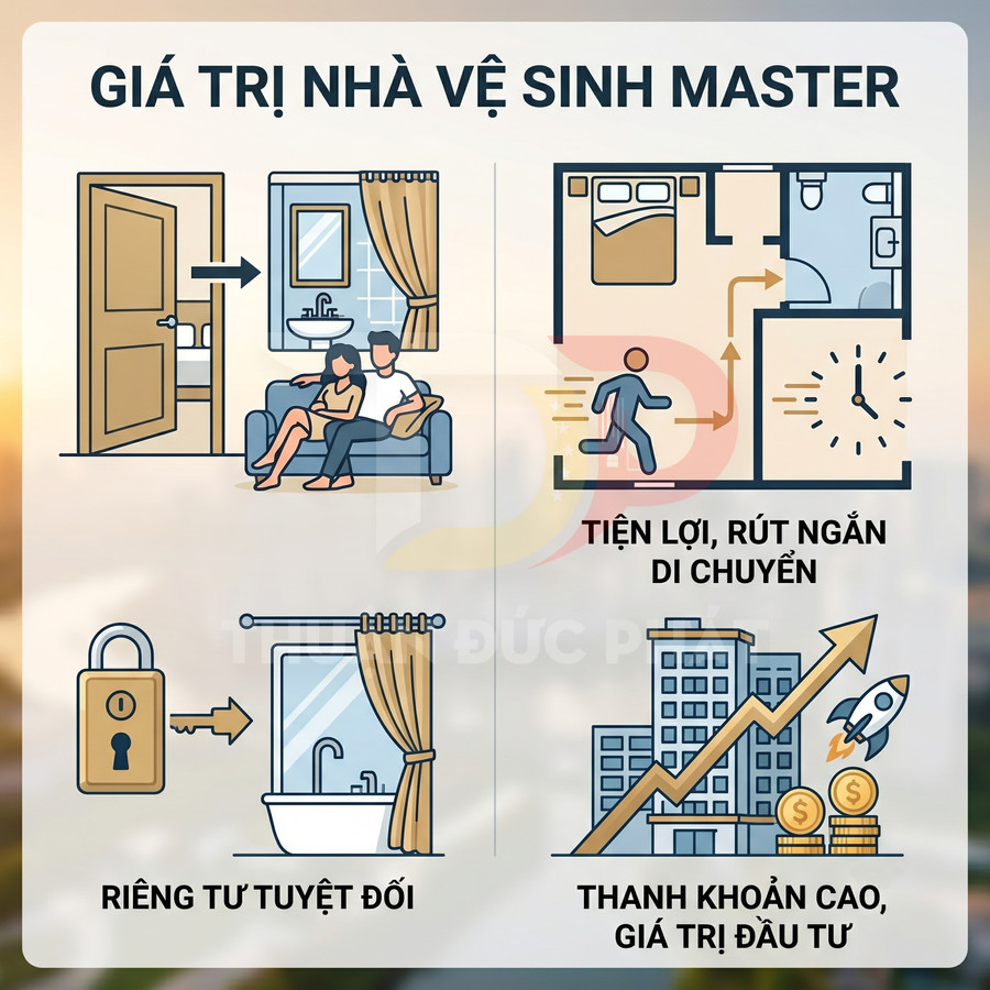 Infographic lợi ích nhà vệ sinh master trong phòng ngủ, nhấn mạnh sự tiện lợi, riêng tư và giá trị đầu tư bất động sản