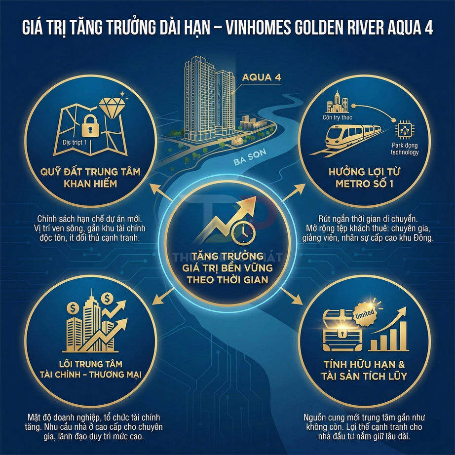 Infographic giới thiệu giá trị tăng trưởng dài hạn dự án căn hộ Vinhomes Golden River Aqua 4 tại trung tâm TP HCM
