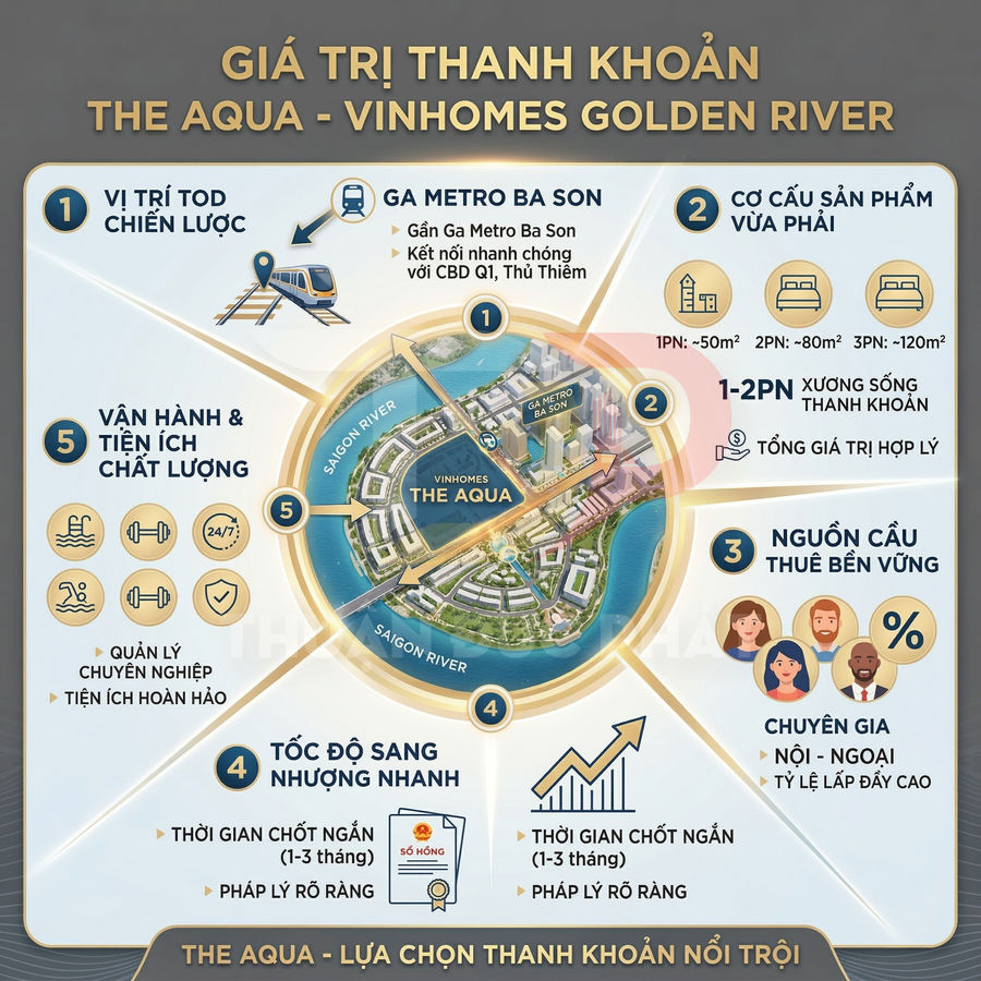 Infographic giới thiệu giá trị thanh khoản và tiện ích dự án căn hộ The Aqua Vinhomes Golden River