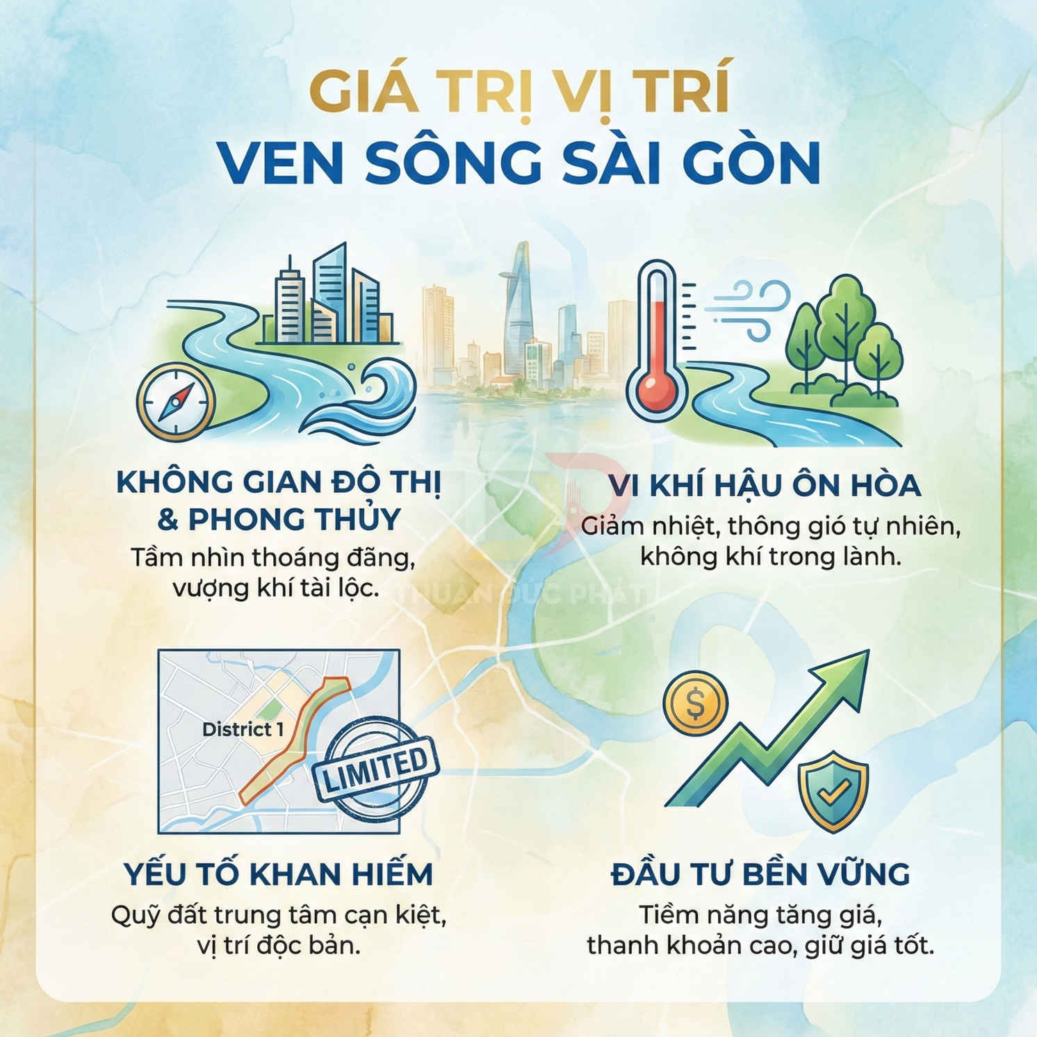 Infographic lợi ích bất động sản ven sông Sài Gòn về phong thủy, vi khí hậu, vị trí khan hiếm và tiềm năng đầu tư