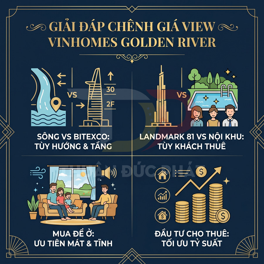 Infographic so sánh các loại view và mục đích mua căn hộ Vinhomes Golden River để ở hoặc đầu tư cho thuê