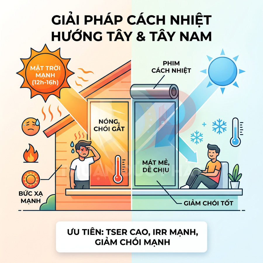 Minh họa so sánh nhà có và không dùng phim cách nhiệt cửa kính hướng tây giúp giảm nóng chói và làm mát dễ chịu