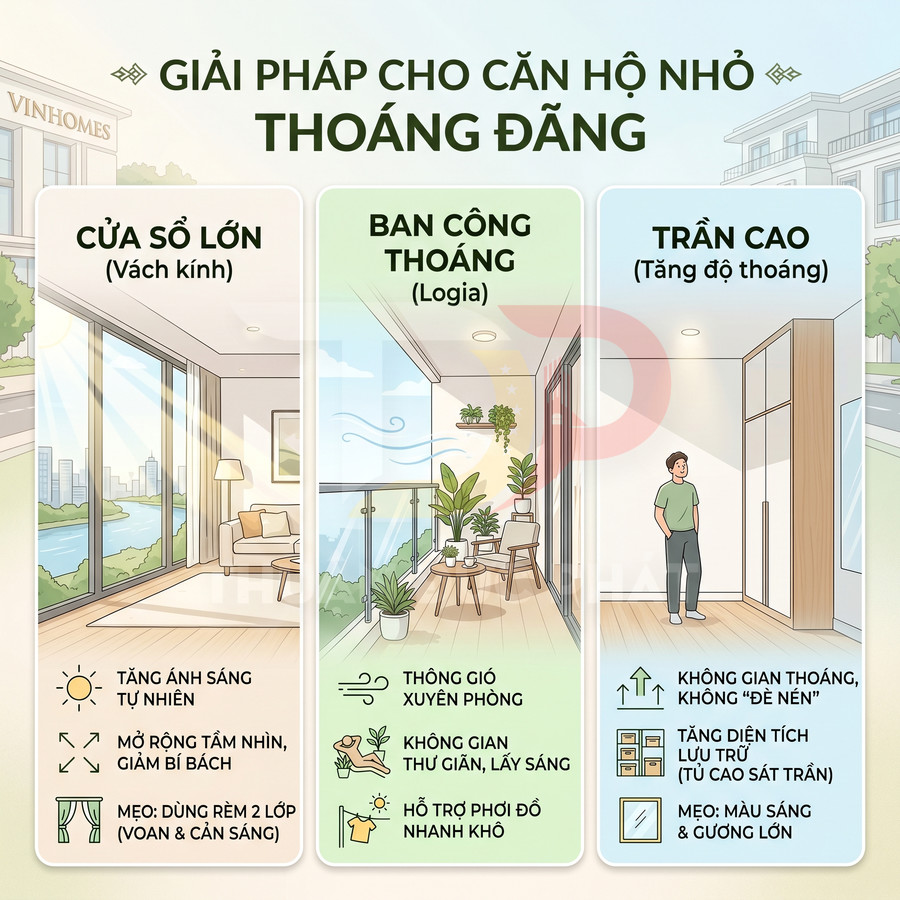 Giải pháp thiết kế căn hộ nhỏ thoáng đãng với cửa sổ kính lớn, ban công logia và trần cao