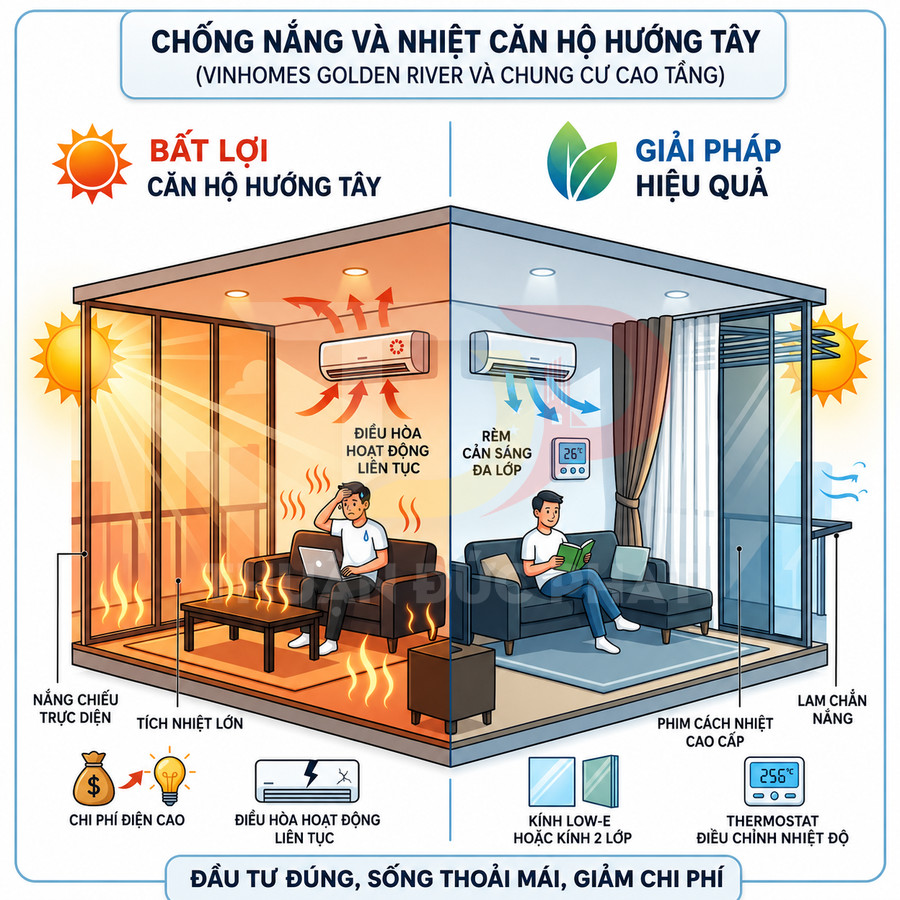 Giải pháp chống nắng căn hộ hướng tây với rèm cản sáng, kính cách nhiệt và điều hòa tiết kiệm điện