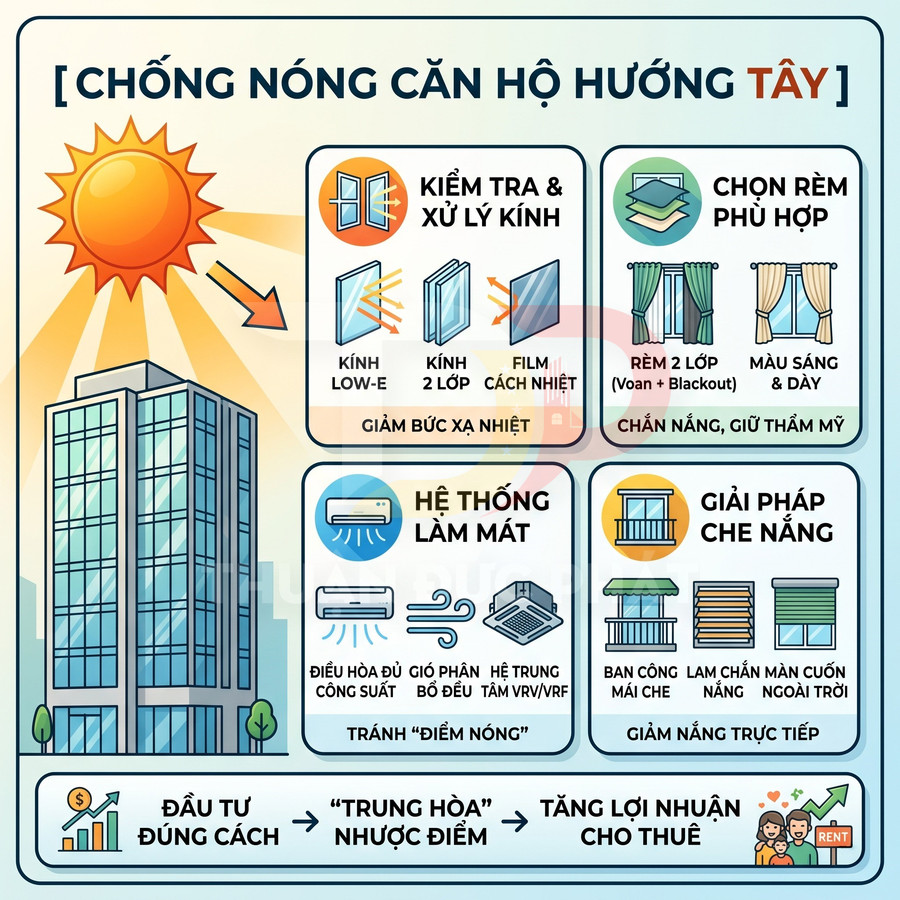 Infographic chống nóng căn hộ hướng tây với giải pháp kính cách nhiệt, rèm cửa, hệ thống làm mát và che nắng ban công