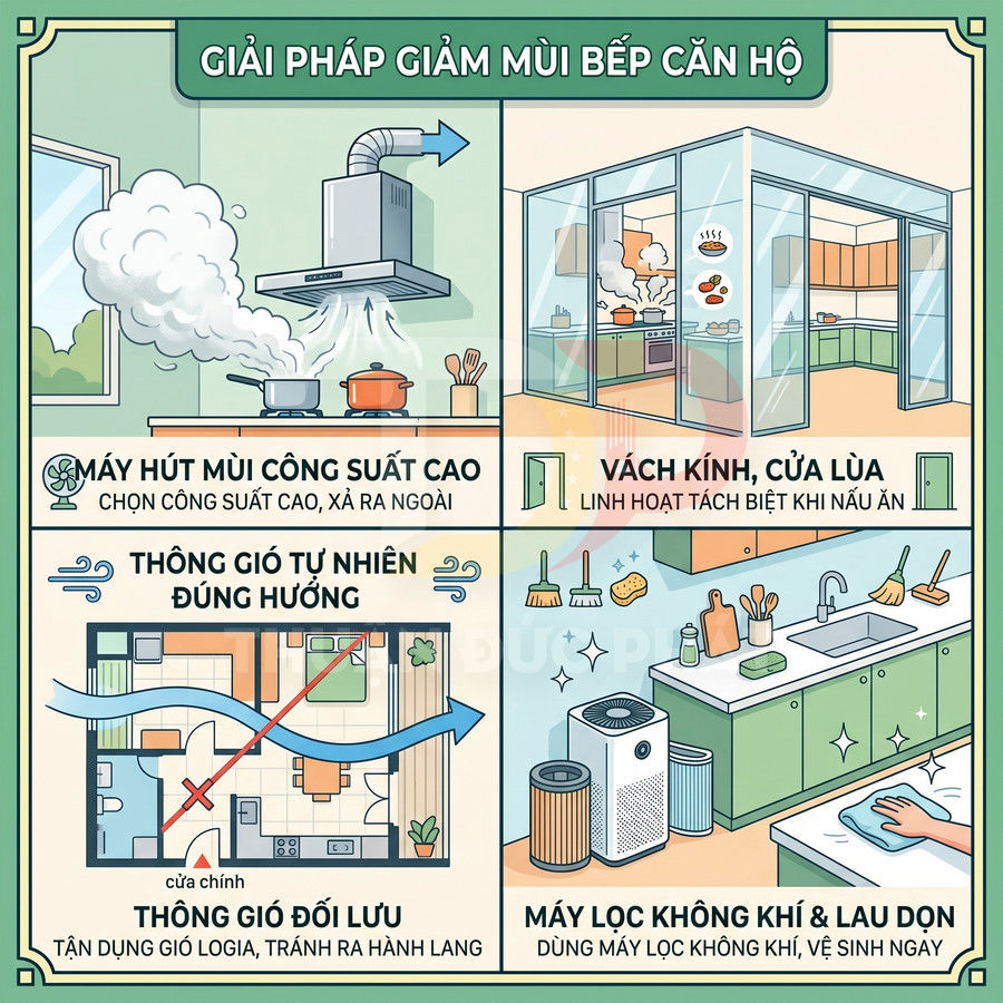 Giải pháp giảm mùi bếp căn hộ với máy hút mùi, vách kính, thông gió, máy lọc không khí và lau dọn sạch sẽ