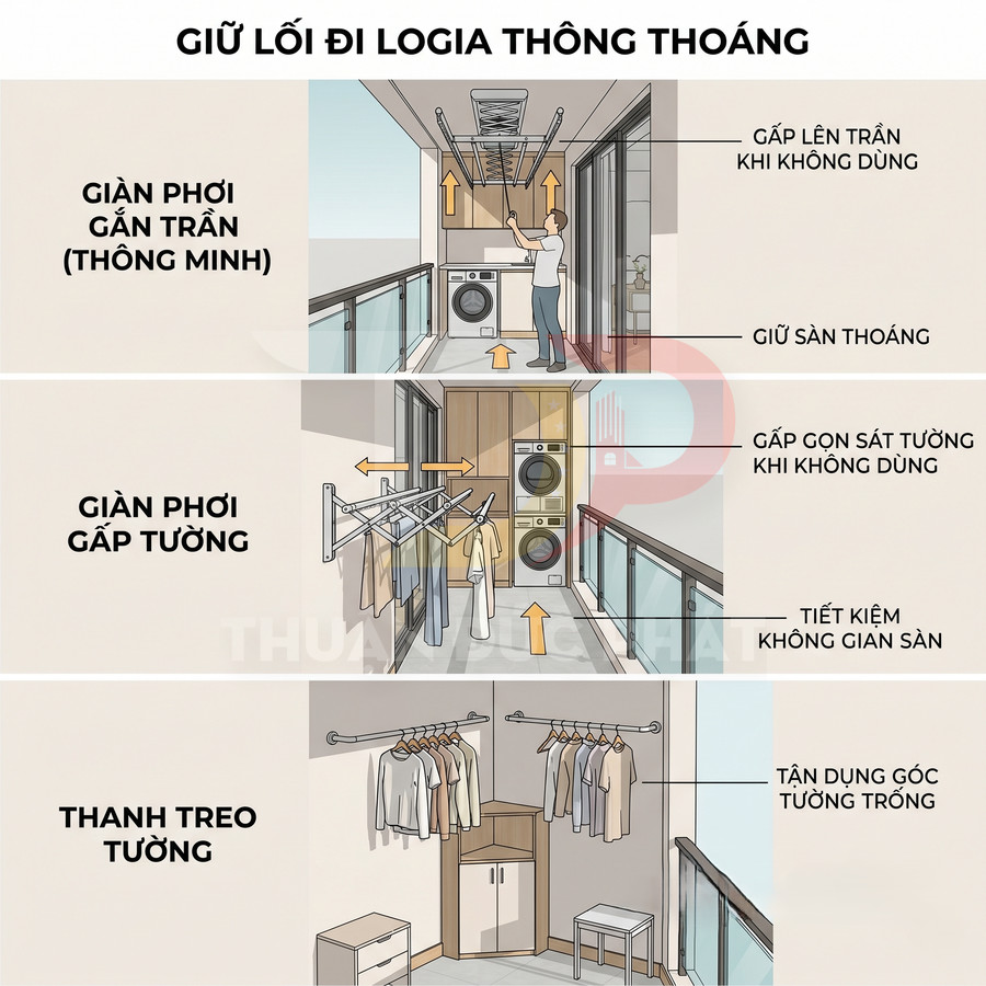 Giàn phơi thông minh gắn trần và gấp tường giúp tiết kiệm diện tích logia chung cư, giữ lối đi thông thoáng