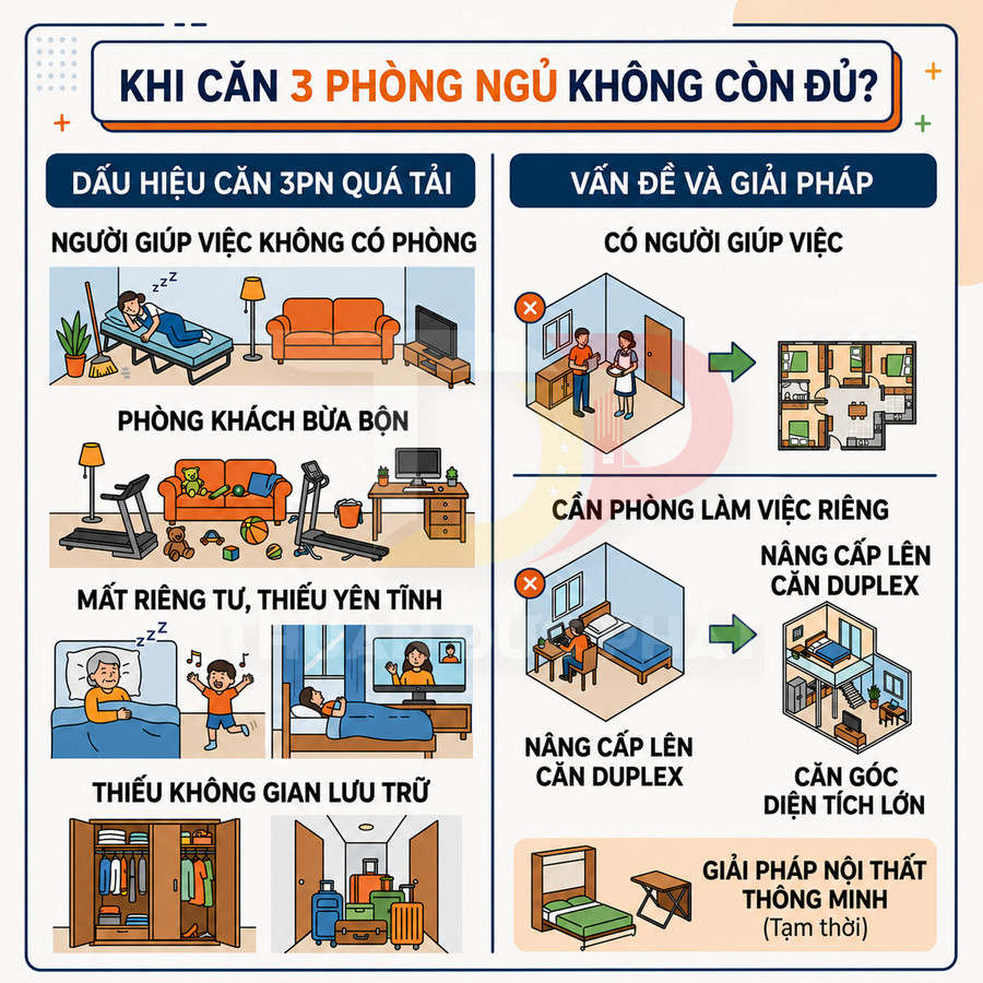 Infographic về dấu hiệu căn hộ 3 phòng ngủ quá tải và gợi ý nâng cấp lên căn duplex, dùng nội thất thông minh