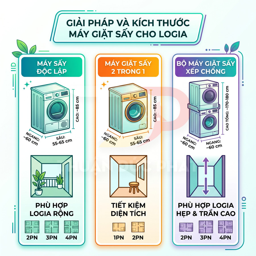 So sánh kích thước máy sấy độc lập, máy giặt sấy 2 trong 1 và bộ máy giặt sấy xếp chồng cho logia