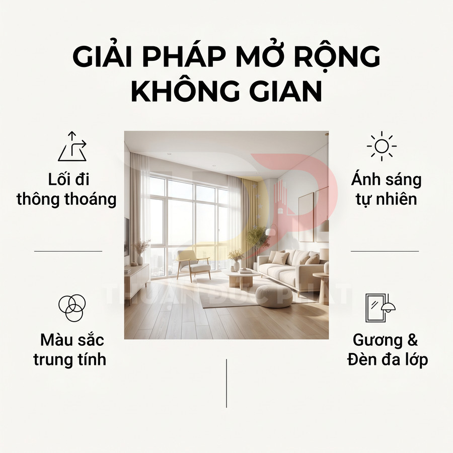Phòng khách hiện đại màu trung tính với cửa kính lớn đón ánh sáng tự nhiên và nội thất tối giản mở rộng không gian