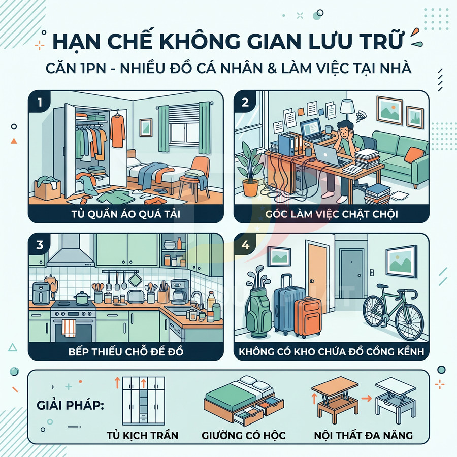Minh họa căn hộ nhỏ thiếu không gian lưu trữ và giải pháp tủ kịch trần, giường có hộc, nội thất đa năng