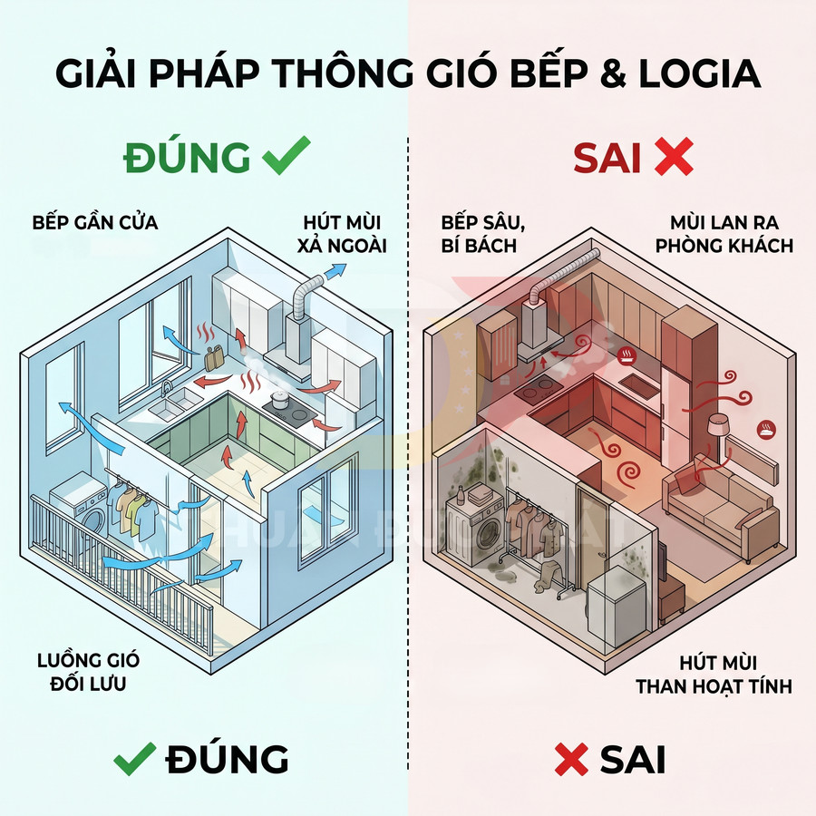 Minh họa so sánh giải pháp thông gió bếp và logia đúng với hút mùi xả ngoài và sai với hút mùi than hoạt tính