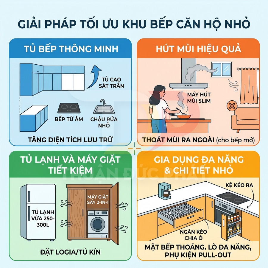 Giải pháp tối ưu bếp căn hộ nhỏ với tủ bếp thông minh, máy hút mùi, tủ lạnh, máy giặt và phụ kiện pull out