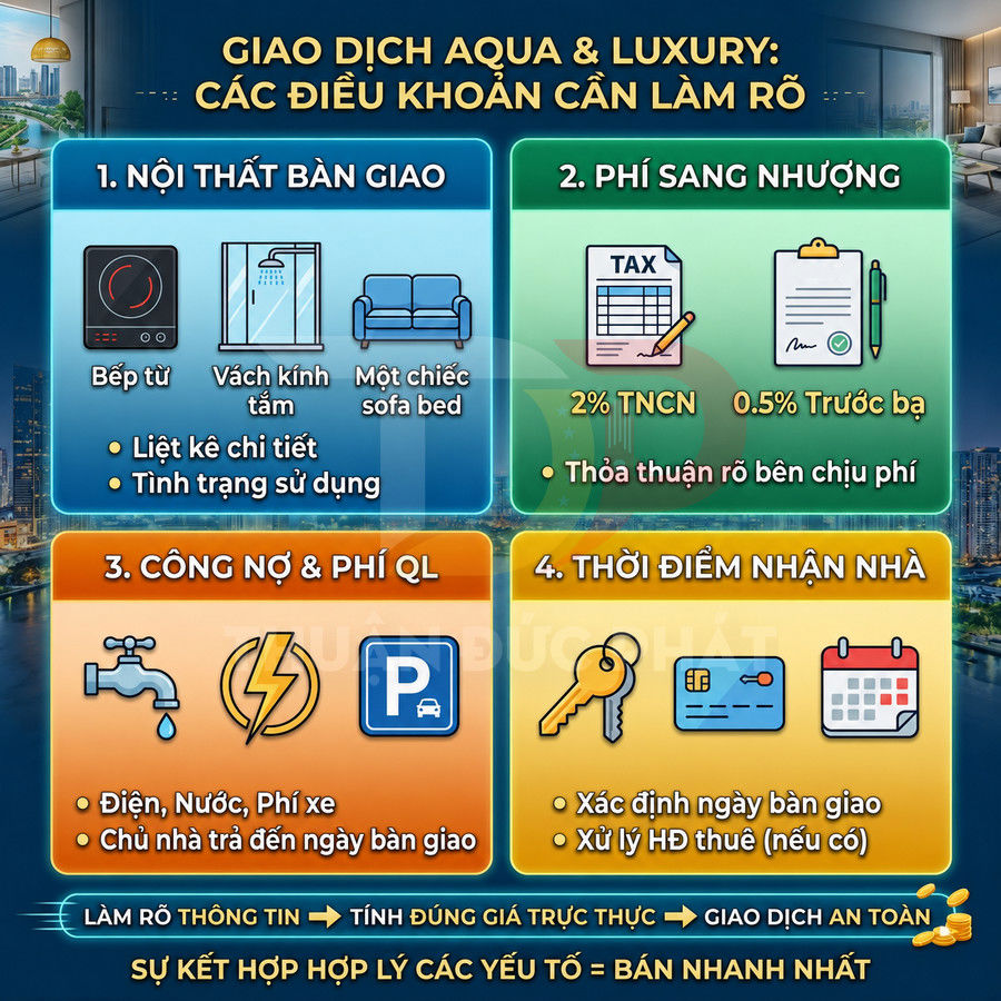 Infographic điều khoản cần làm rõ khi giao dịch căn hộ Aqua và Luxury về nội thất, phí sang nhượng, công nợ và thời điểm nhận nhà