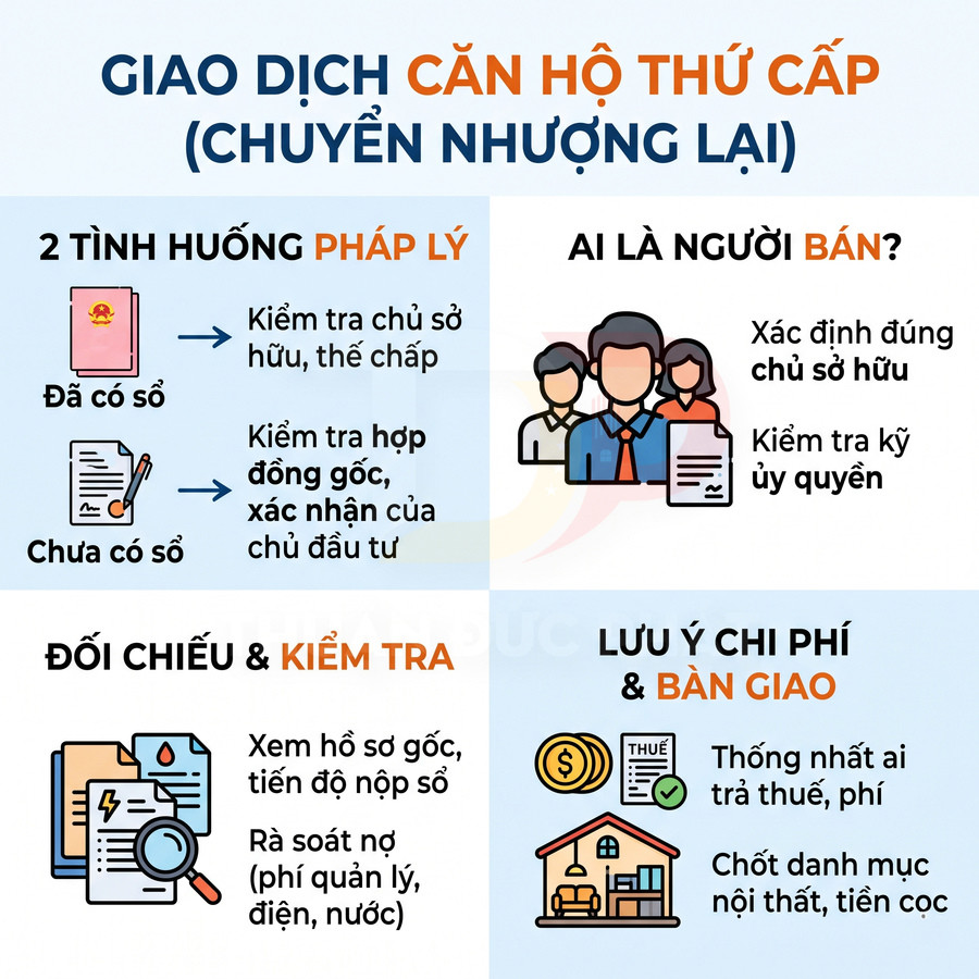 Hướng dẫn giao dịch căn hộ thứ cấp với các bước kiểm tra pháp lý, xác định người bán, đối chiếu hồ sơ và bàn giao chi phí, nội thất