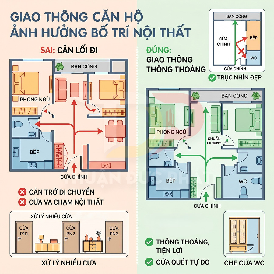 Sơ đồ so sánh bố trí nội thất căn hộ sai và đúng để tối ưu lối đi và giao thông trong nhà