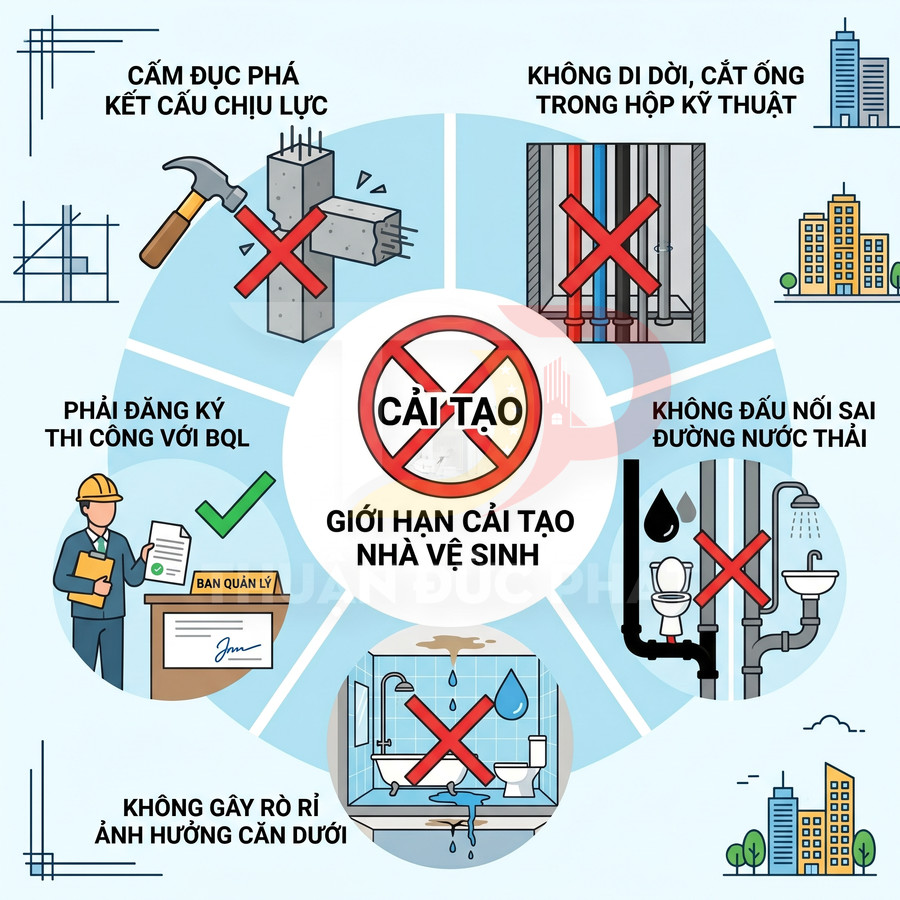 Infographic quy định giới hạn cải tạo nhà vệ sinh chung cư, cấm đục phá kết cấu và thay đổi hệ thống ống nước