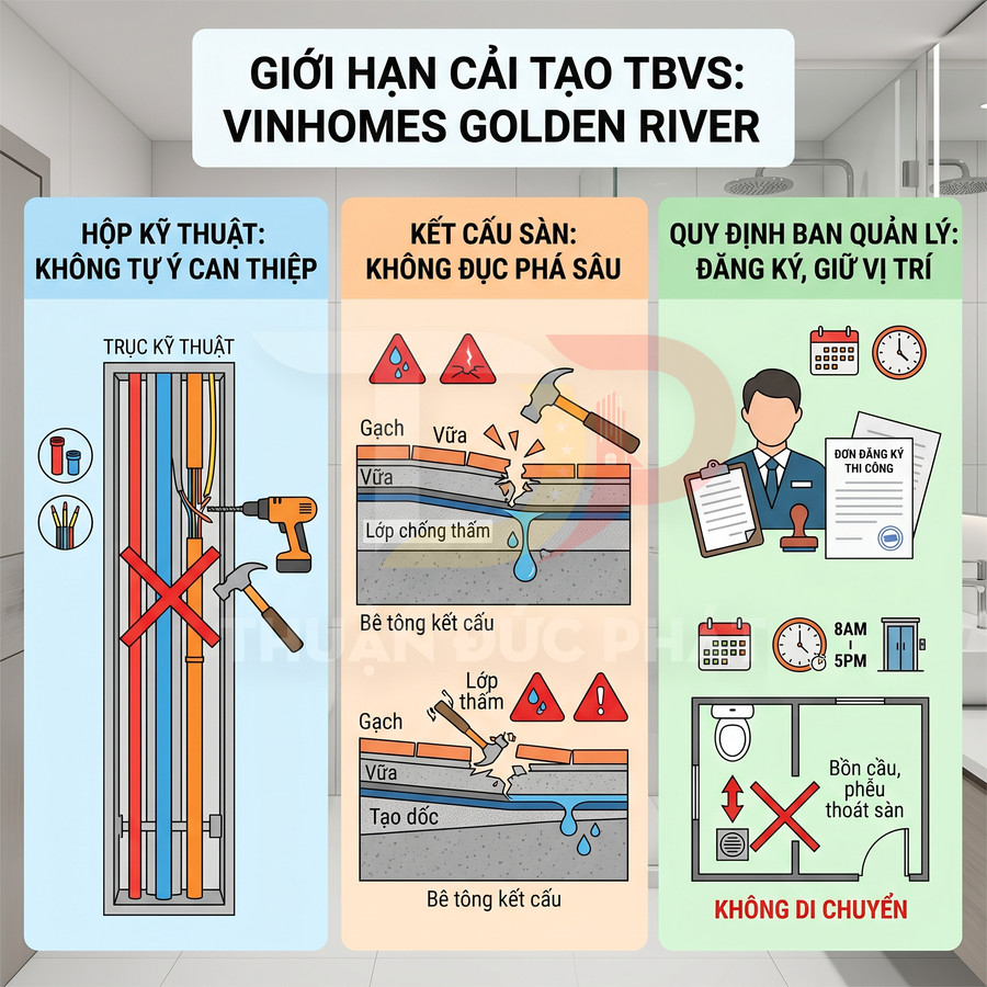 Infographic quy định giới hạn cải tạo nhà vệ sinh Vinhomes Golden River, không đục phá sàn và không tự ý can thiệp kỹ thuật