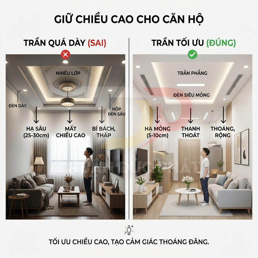 So sánh trần thạch cao quá dày và trần phẳng tối ưu giúp căn hộ cao thoáng, rộng rãi hơn
