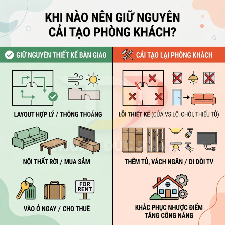 Infographic so sánh giữ nguyên thiết kế bàn giao và cải tạo lại phòng khách để tối ưu công năng