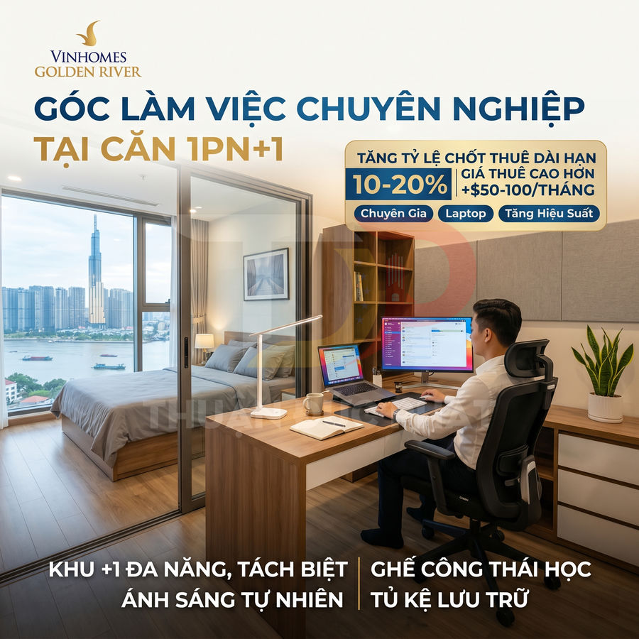 Góc làm việc chuyên nghiệp tại căn hộ Vinhomes Golden River với bàn gỗ, laptop, màn hình đôi và ghế công thái học