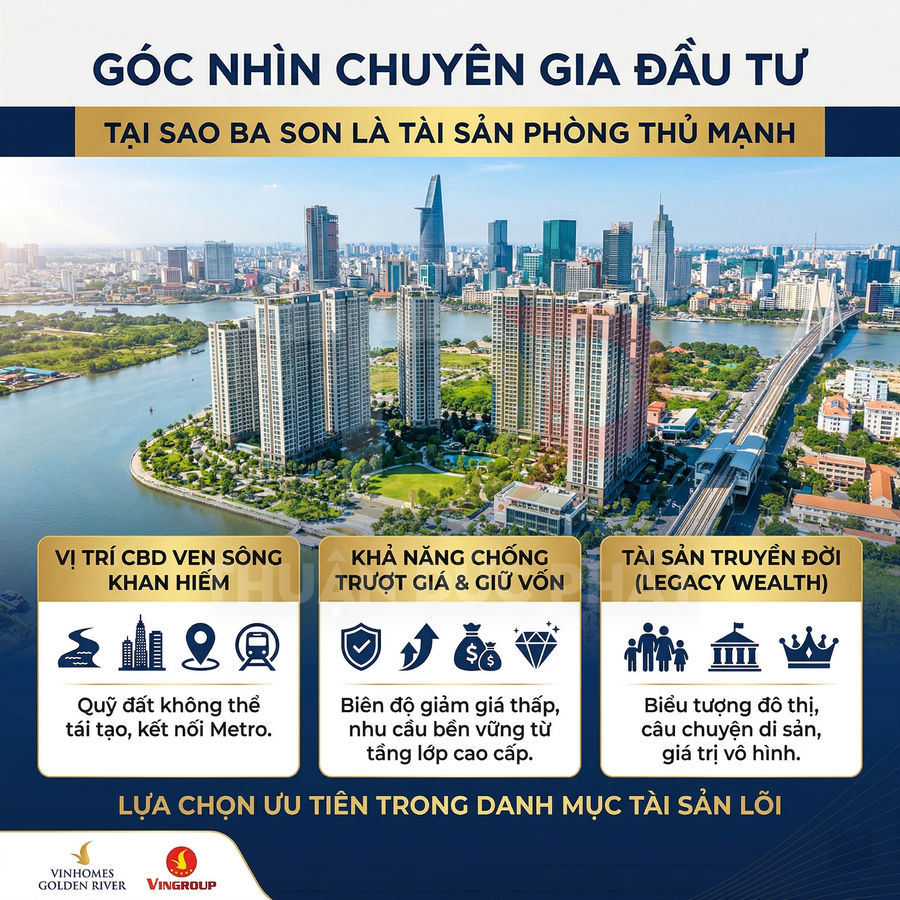 Khu căn hộ Vinhomes Golden River Ba Son ven sông Sài Gòn với các tòa nhà cao tầng và tuyến Metro bên cạnh