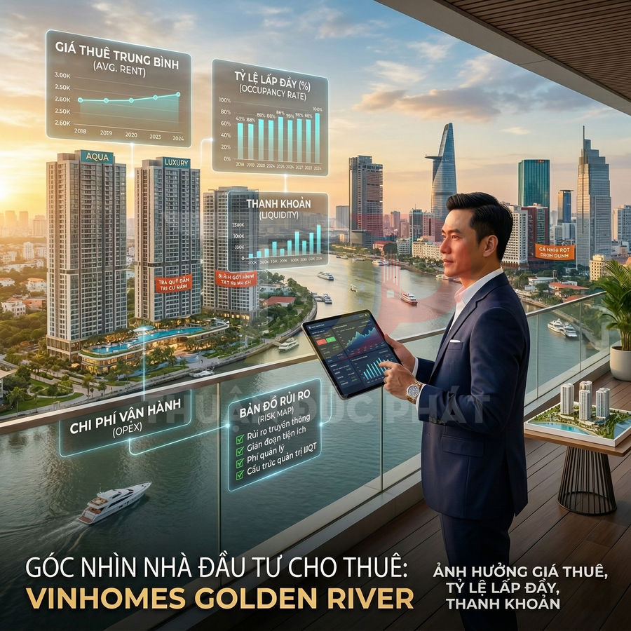 Nhà đầu tư xem dữ liệu giá thuê và tỷ lệ lấp đầy dự án căn hộ Vinhomes Golden River bên sông Sài Gòn