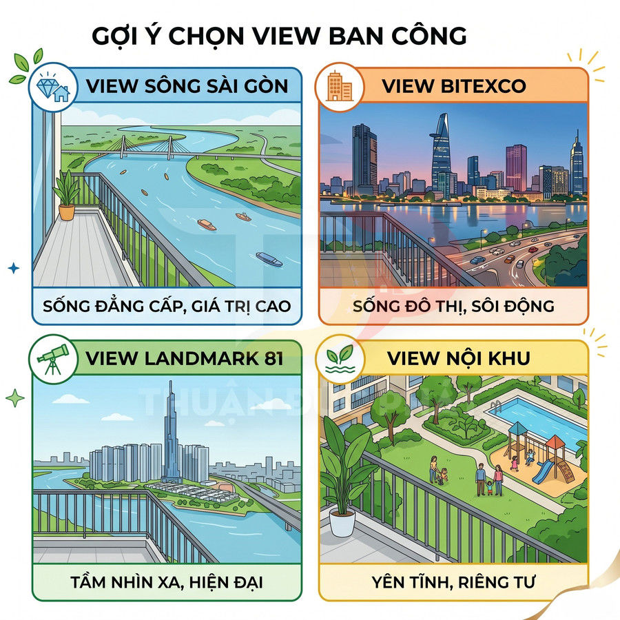 Minh họa gợi ý chọn view ban công chung cư: sông Sài Gòn, Bitexco, Landmark 81 và nội khu có hồ bơi, sân chơi