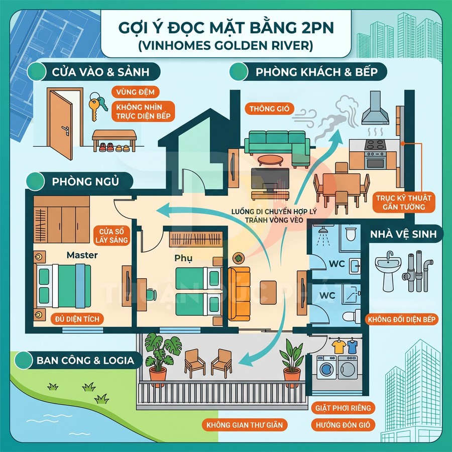 Mặt bằng gợi ý căn hộ 2 phòng ngủ Vinhomes Golden River với phòng khách bếp, ban công và khu vệ sinh