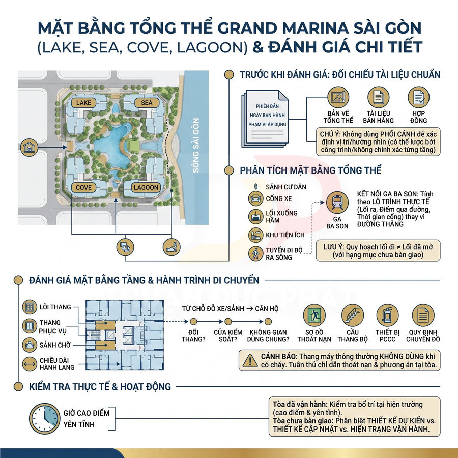 Mặt bằng tổng thể Grand Marina Sài Gòn gồm các phân khu Lake, Sea, Cove, Lagoon và nội dung đánh giá chi tiết công trìnhTHOOK