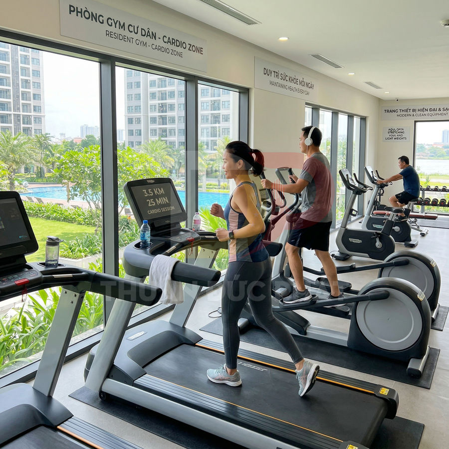 Người tập chạy bộ trên máy chạy trong phòng gym chung cư nhìn ra hồ bơi và khuôn viên xanh