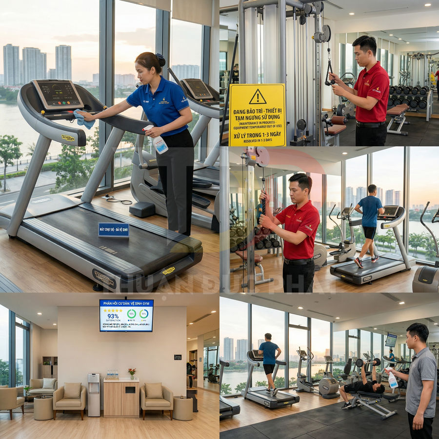 Nhân viên vệ sinh và bảo trì máy chạy bộ và thiết bị gym trong phòng tập hiện đại view sông