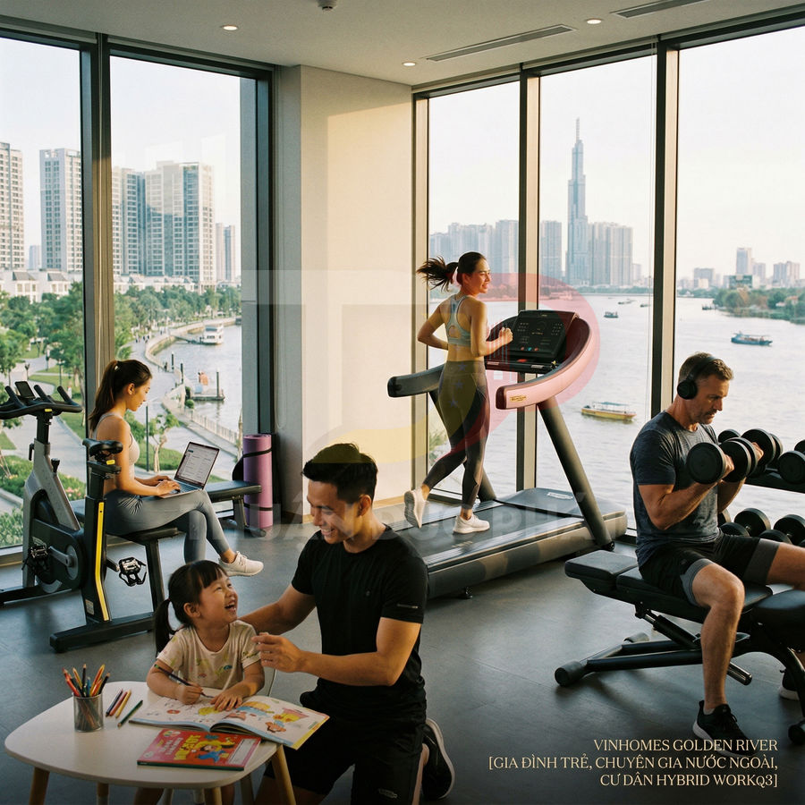 Phòng gym chung cư cao cấp với máy chạy bộ, xe đạp tập và ghế tạ cạnh cửa kính view sông và thành phố