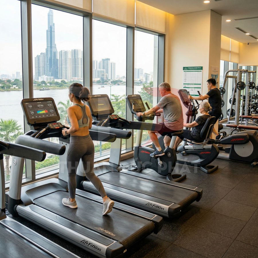 Người tập luyện trên máy chạy bộ Life Fitness và xe đạp tập trong phòng gym nhìn ra thành phố