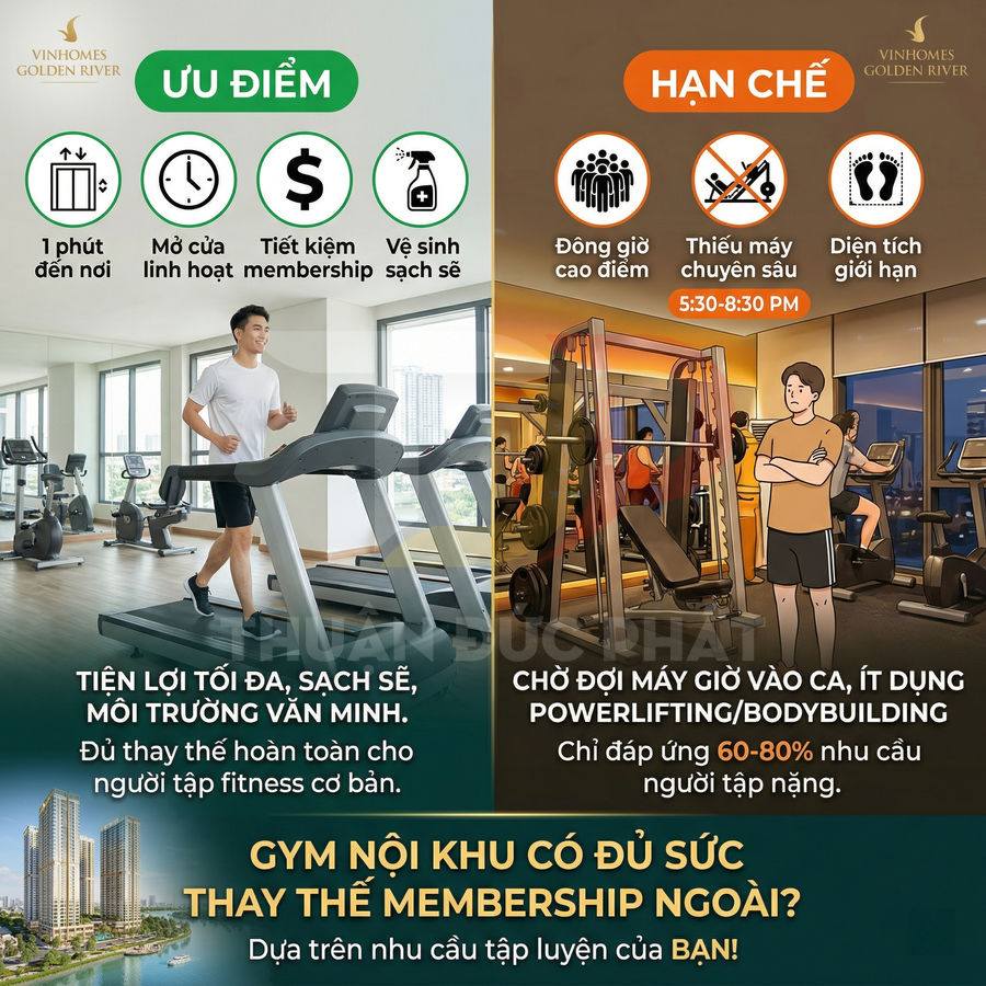 So sánh ưu điểm và hạn chế phòng gym nội khu Vinhomes Golden River với phòng gym bên ngoài