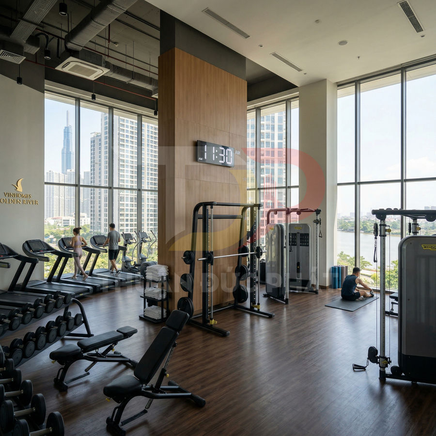 Phòng gym Vinhomes Golden River với máy chạy bộ, tạ và thiết bị tập hiện đại cạnh cửa kính lớn