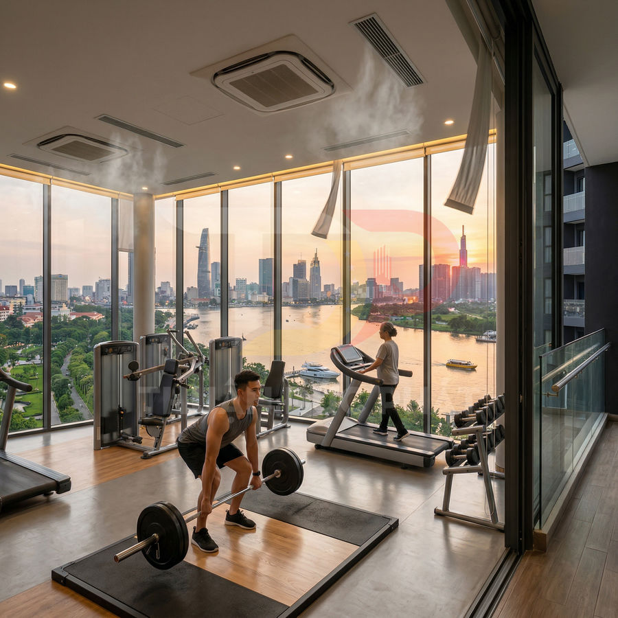 Phòng gym cao cấp với máy chạy bộ, tạ đòn và thiết bị tập hiện đại nhìn ra sông và thành phố lúc hoàng hôn