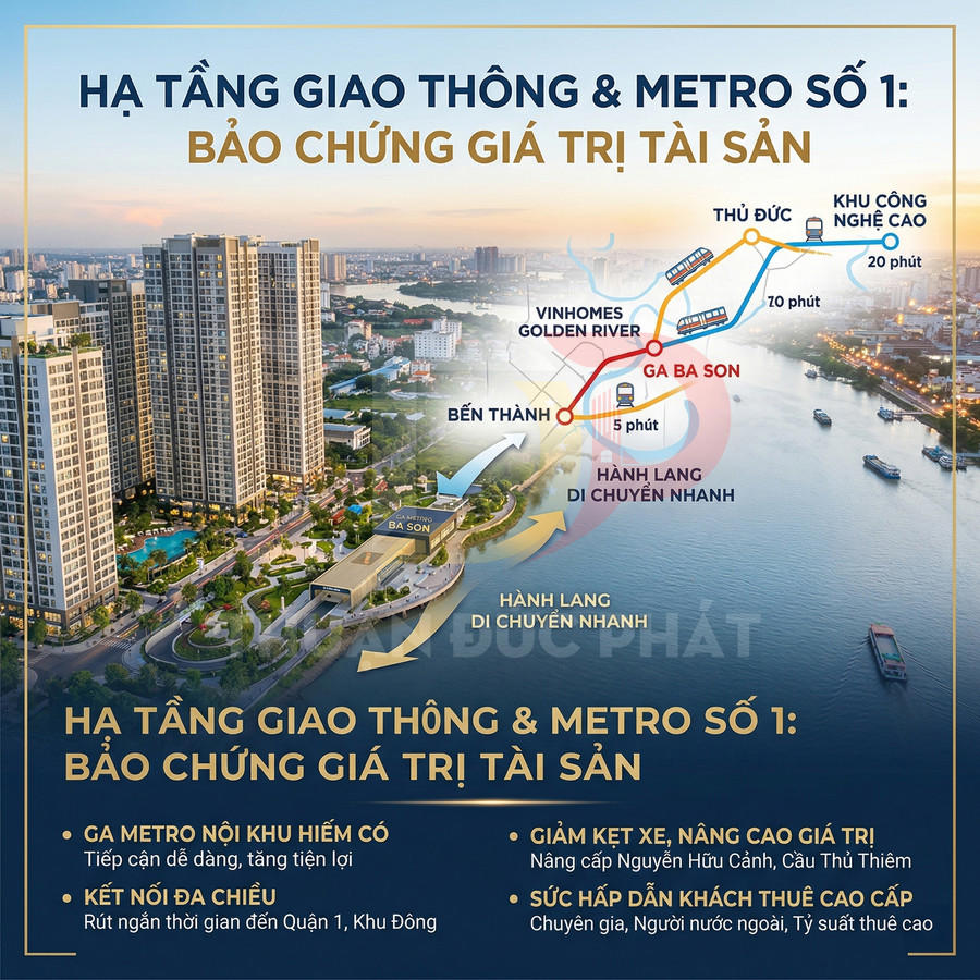Vinhomes Golden River bên sông Sài Gòn với ga metro Ba Son và bản đồ kết nối giao thông nâng giá trị bất động sản