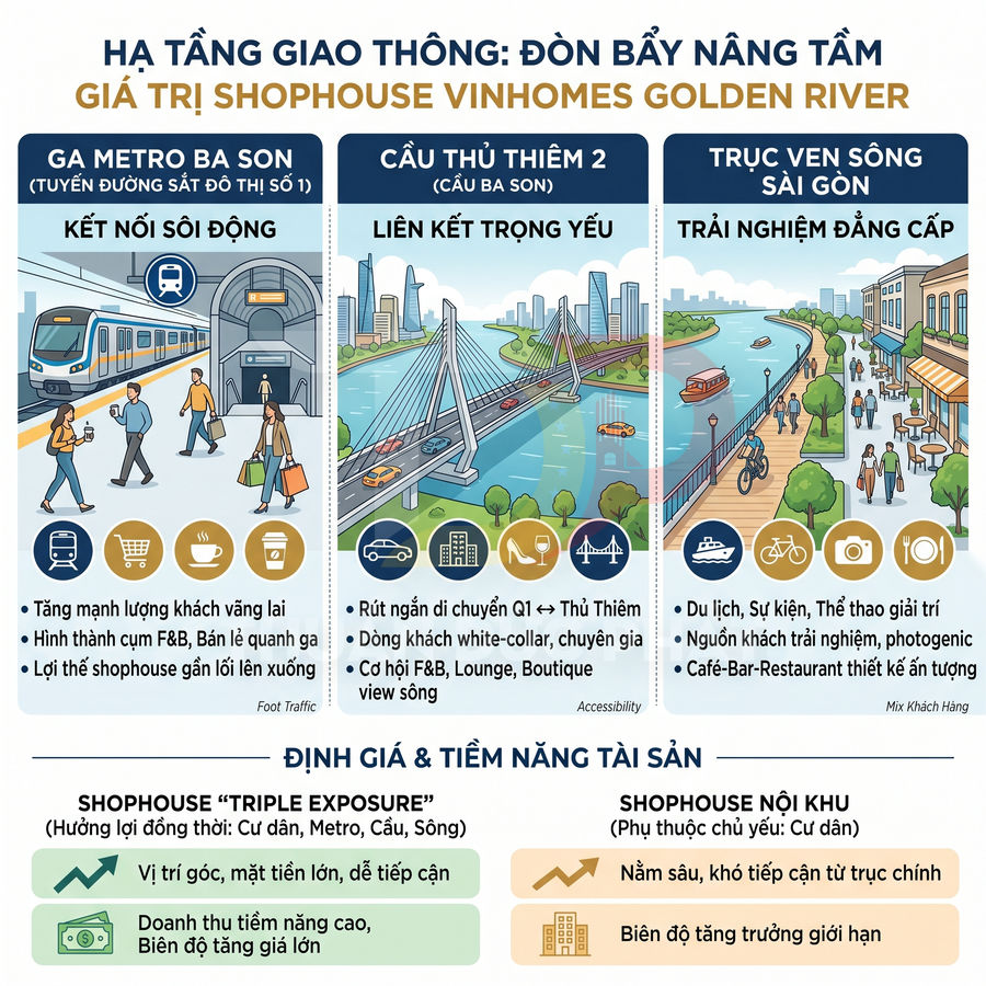Infographic hạ tầng giao thông nâng tầm giá trị shophouse Vinhomes Golden River tại ga metro Ba Son, cầu Thủ Thiêm 2 và trục ven sông
