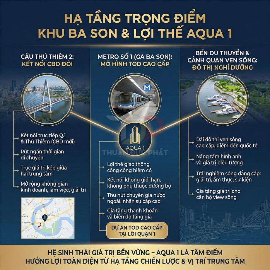 Infographic giới thiệu hạ tầng trọng điểm khu Ba Son và lợi thế dự án căn hộ cao cấp Aqua 1 Quận 1