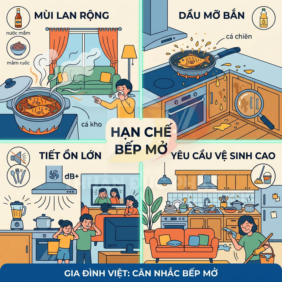 Minh họa nhược điểm bếp mở với mùi thức ăn, dầu mỡ bắn, tiếng ồn lớn và yêu cầu vệ sinh cao trong căn hộ gia đình