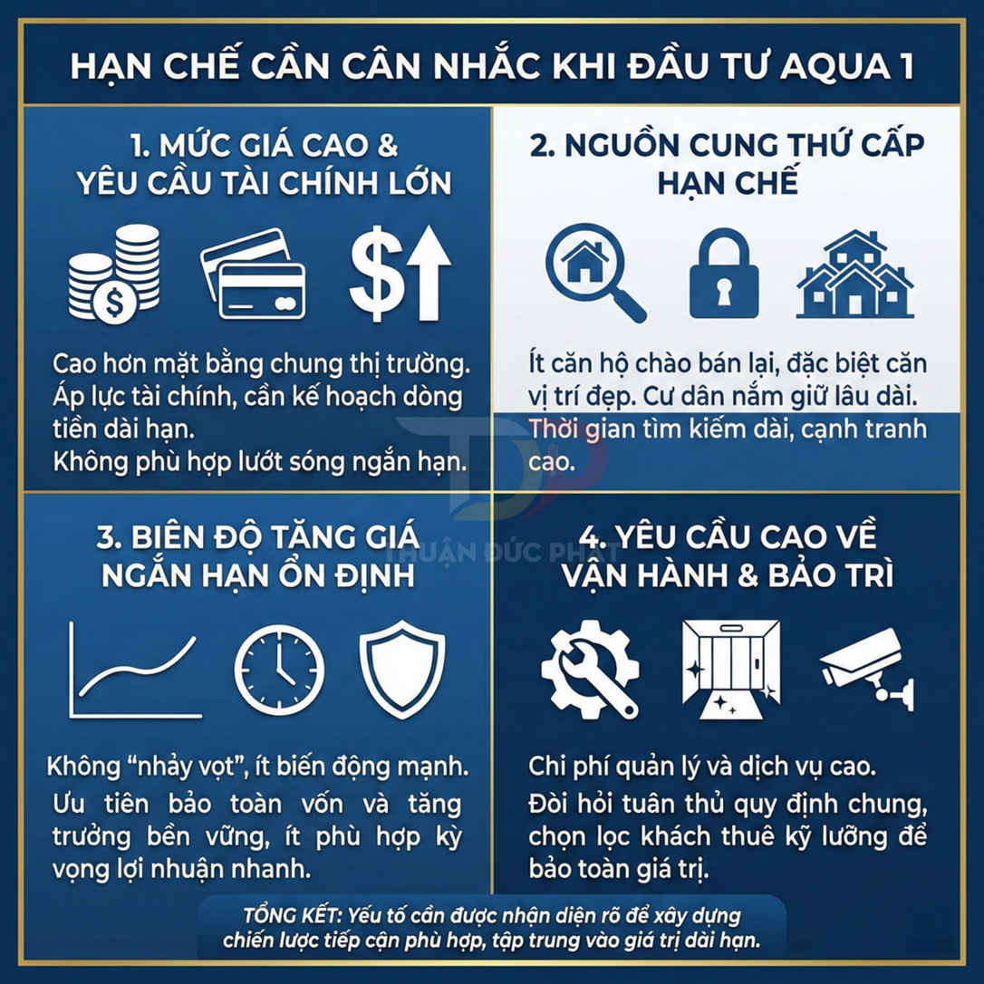 Infographic hạn chế cần cân nhắc khi đầu tư dự án căn hộ Aqua 1 về giá, nguồn cung, tăng giá và vận hành bảo trì