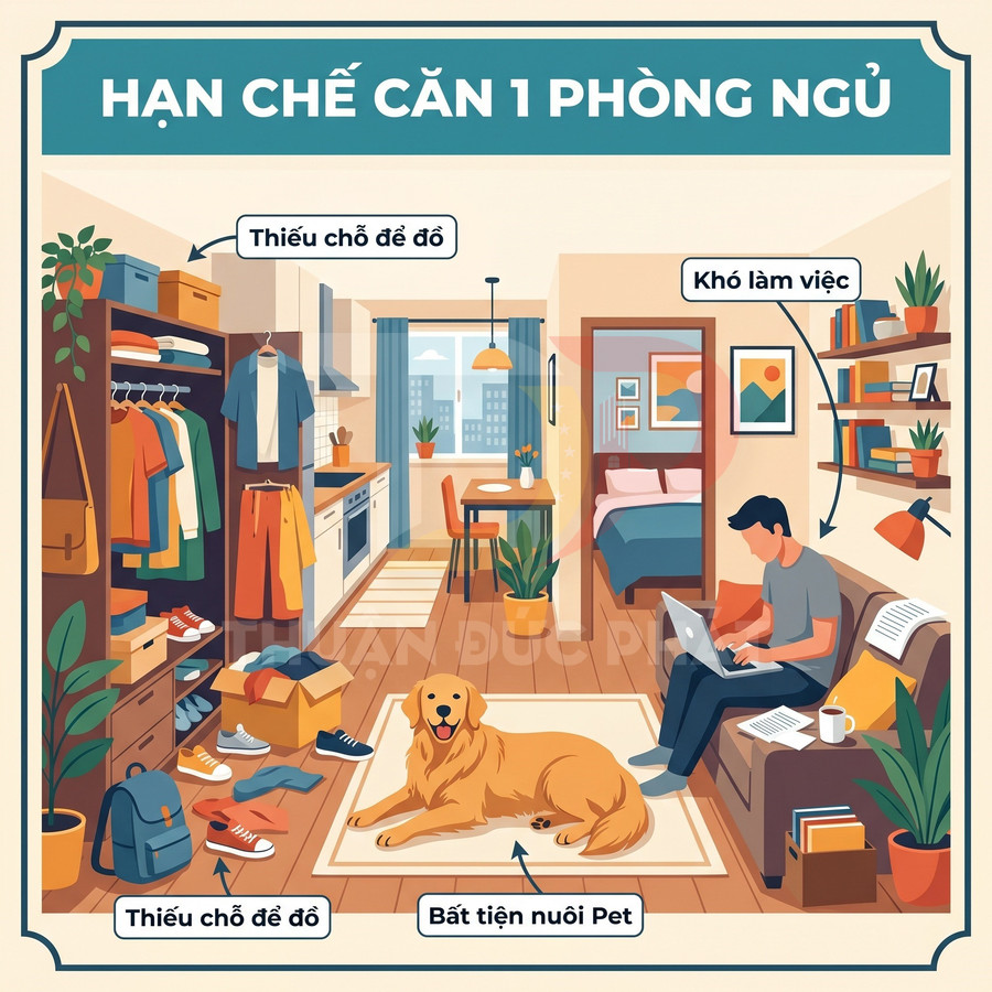 Căn hộ một phòng ngủ chật chội với nhiều đồ đạc, người đàn ông làm việc trên sofa và chó nằm giữa phòng
