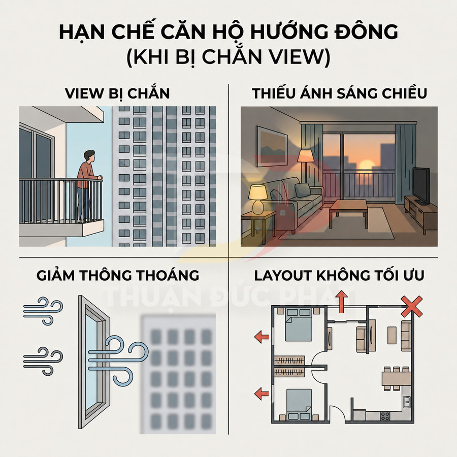 Minh họa các hạn chế căn hộ hướng Đông bị chắn view như thiếu sáng, giảm thông thoáng và layout không tối ưu