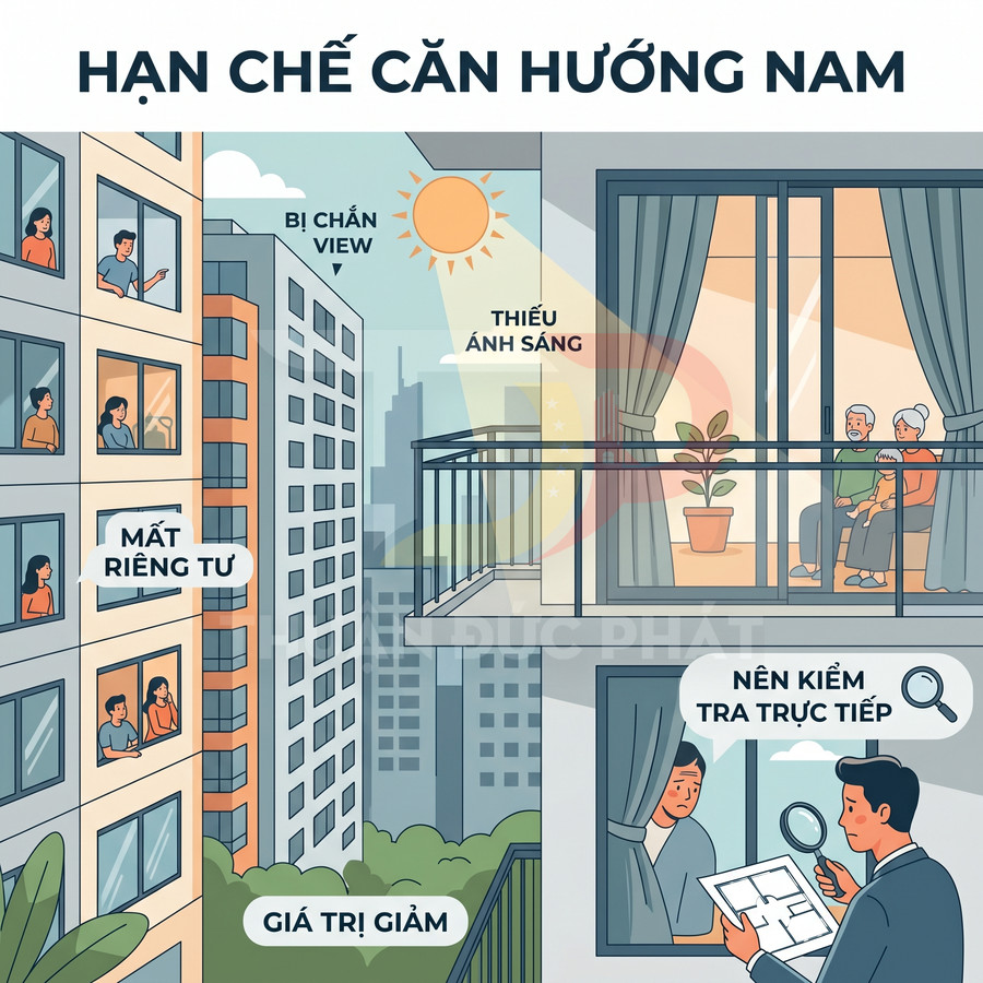 Minh họa nhược điểm căn hộ hướng Nam như thiếu ánh sáng, mất riêng tư, bị chắn view và giảm giá trị