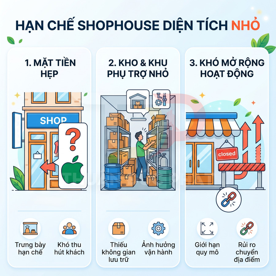 Minh họa hạn chế shophouse diện tích nhỏ với mặt tiền hẹp, kho phụ trợ chật và khó mở rộng hoạt động kinh doanh