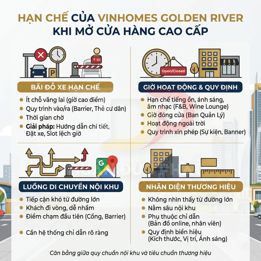 Infographic hạn chế khi mở cửa hàng cao cấp tại Vinhomes Golden River về bãi đỗ xe, giờ hoạt động, luồng di chuyển, nhận diện thương hiệu