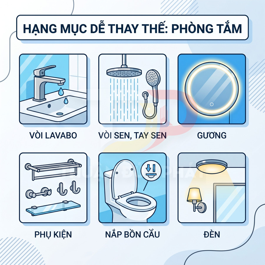 Các hạng mục thiết bị phòng tắm dễ thay thế gồm vòi lavabo, vòi sen tay sen, gương, phụ kiện, nắp bồn cầu và đèn